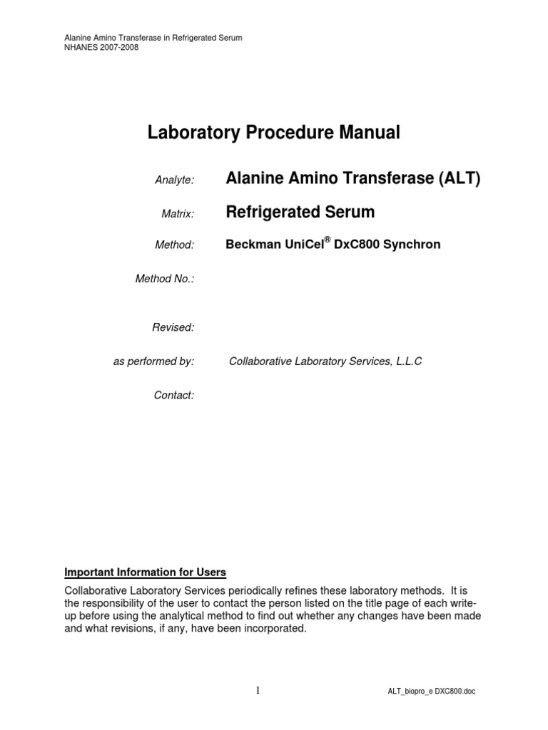 Laboratory Procedure Manual: Alanine Amino Transferase (ALT ...