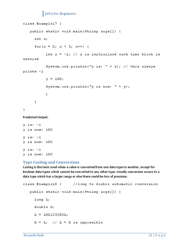 JAVA For Beginners: Type Casting and Conversions | PDF | Boolean Data ...