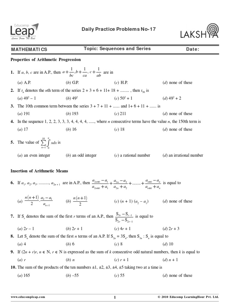 Daily Practice Problems No-17Sequence and Series | PDF | Summation ...