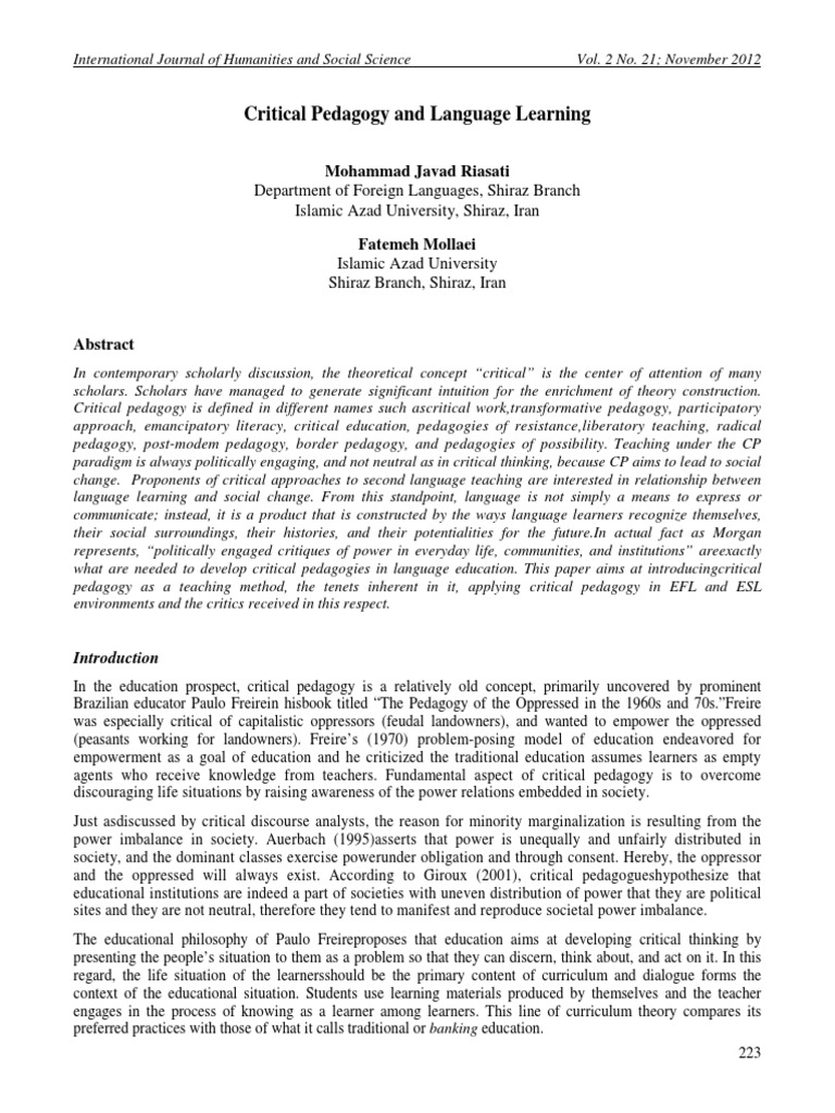 Critical Pedagogy and Language Learning PDF | PDF | English As A Second ...