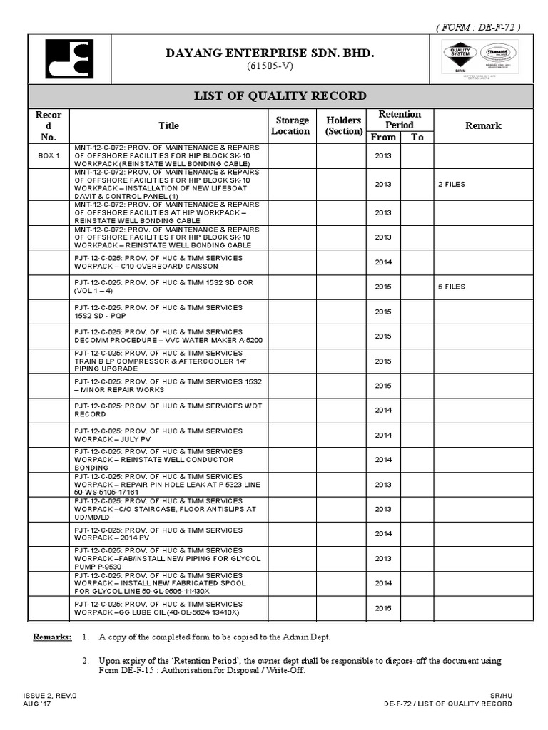 Quality Record List for Dayang Enterprise | PDF | Nature