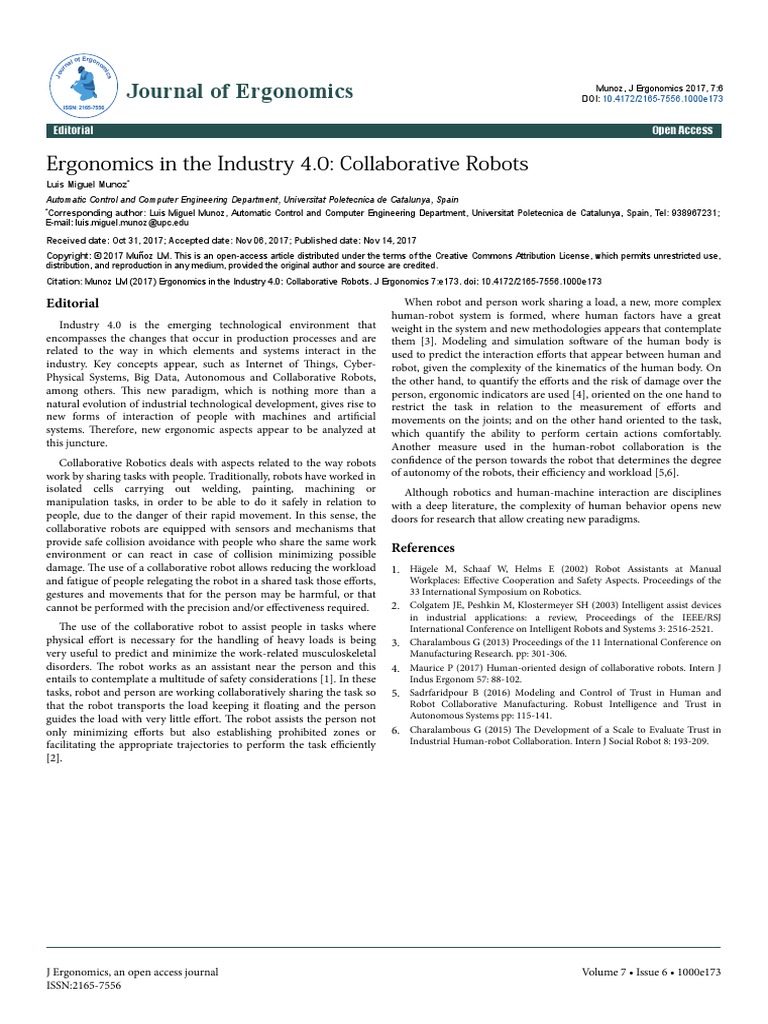 Journal of Ergonomics Ergonomics in The Industry 4.0 Collaborative Robots PDF Robot Robotics