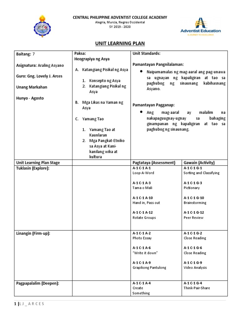 Unit Learning Plan7 | PDF