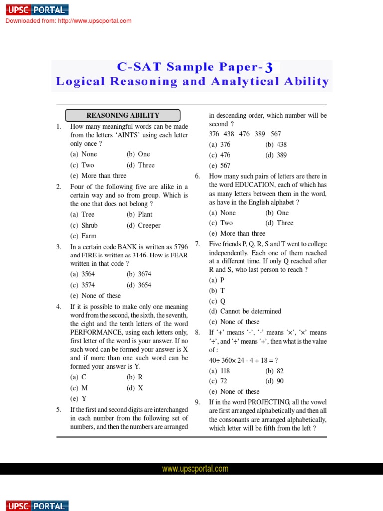 Csat Logical Reasoning And Analytical Ability Sample Paper 3 Postgraduate Education Question