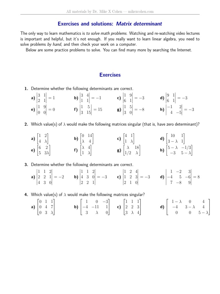 Exercises and Solutions: Matrix Determinant | PDF | Determinant ...