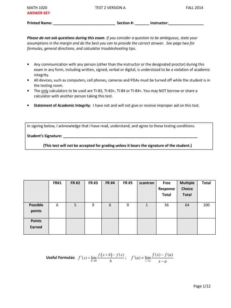 MATH 1020 Fall 2014 Test 2 Answer Key | PDF | Derivative | Tangent