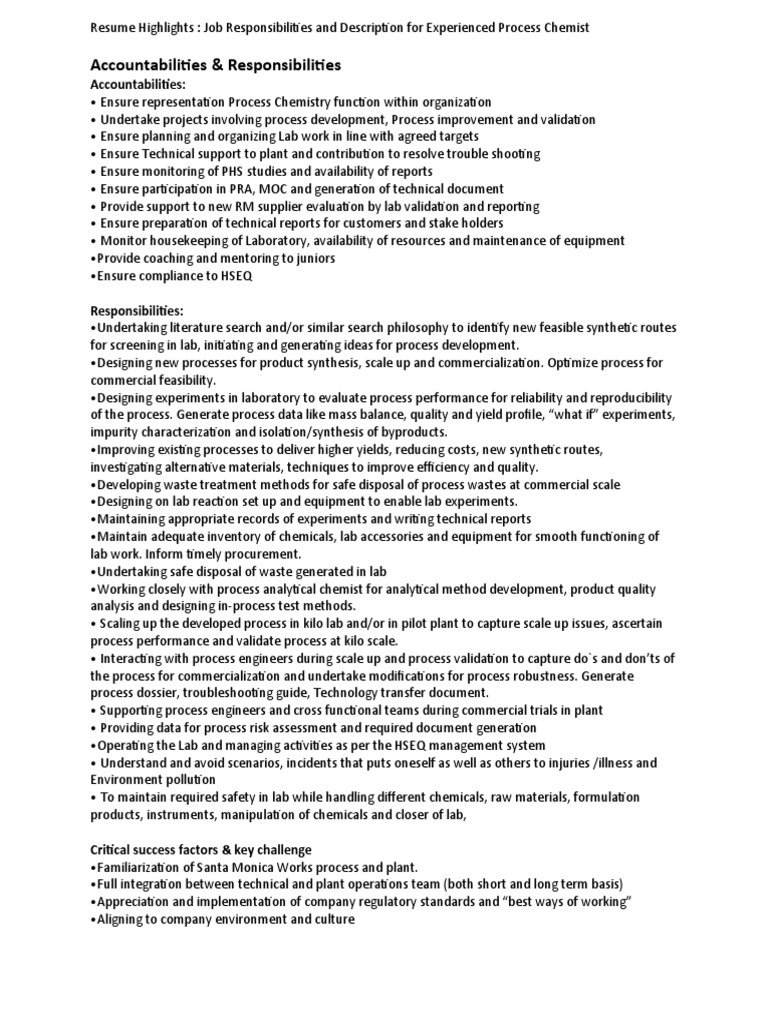 Job Responsibilities and Description for Experienced Process Chemist