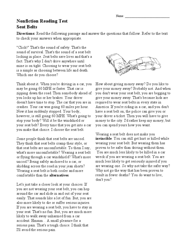Nonfiction Reading Test Seat Belts PDF | PDF