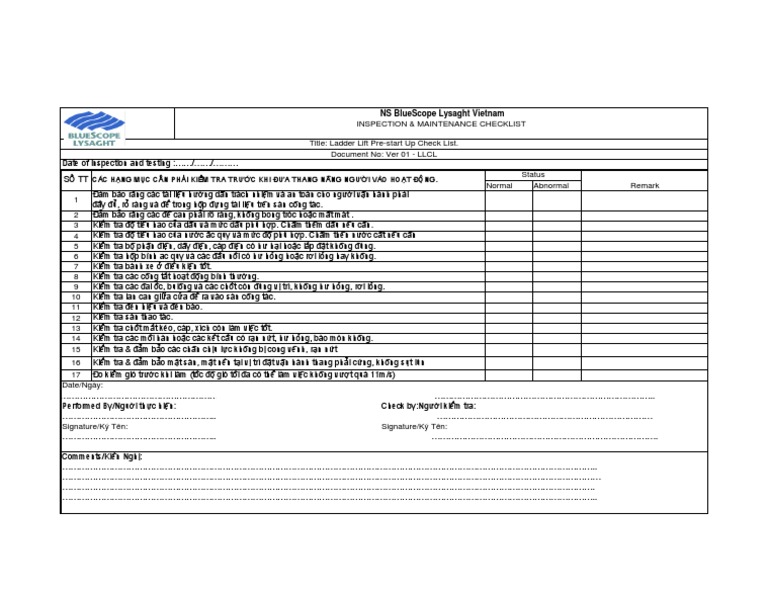 Ladder Lift Pre-Start Up Checklist PDF | PDF