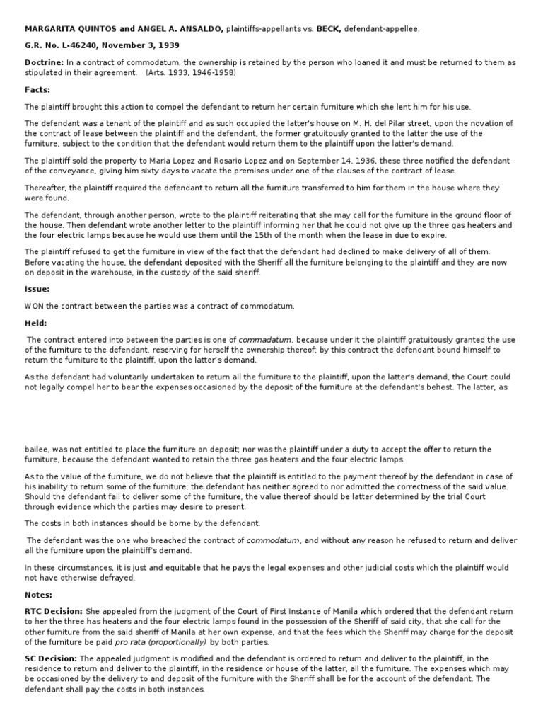 Quintos vs. Beck Case Digest Download Free PDF Lease Judgment (Law)