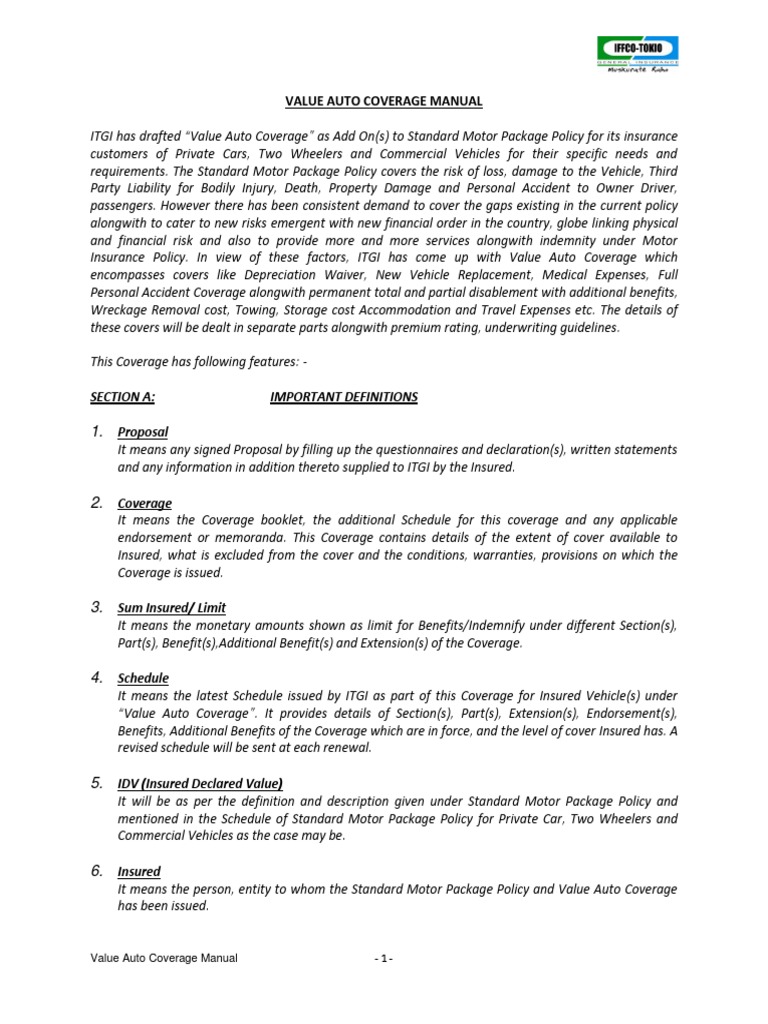 Value Auto Policy Wording 1 PDF PDF Vehicle Insurance Liability