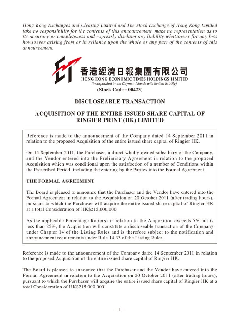 Hong Kong Economic Times Holdings Ltd Discloseable Transaction Acquisition Of The Entire Issued Share Capital Of Ringier Print Hk Limited Pdf Mergers And Acquisitions Security Interest