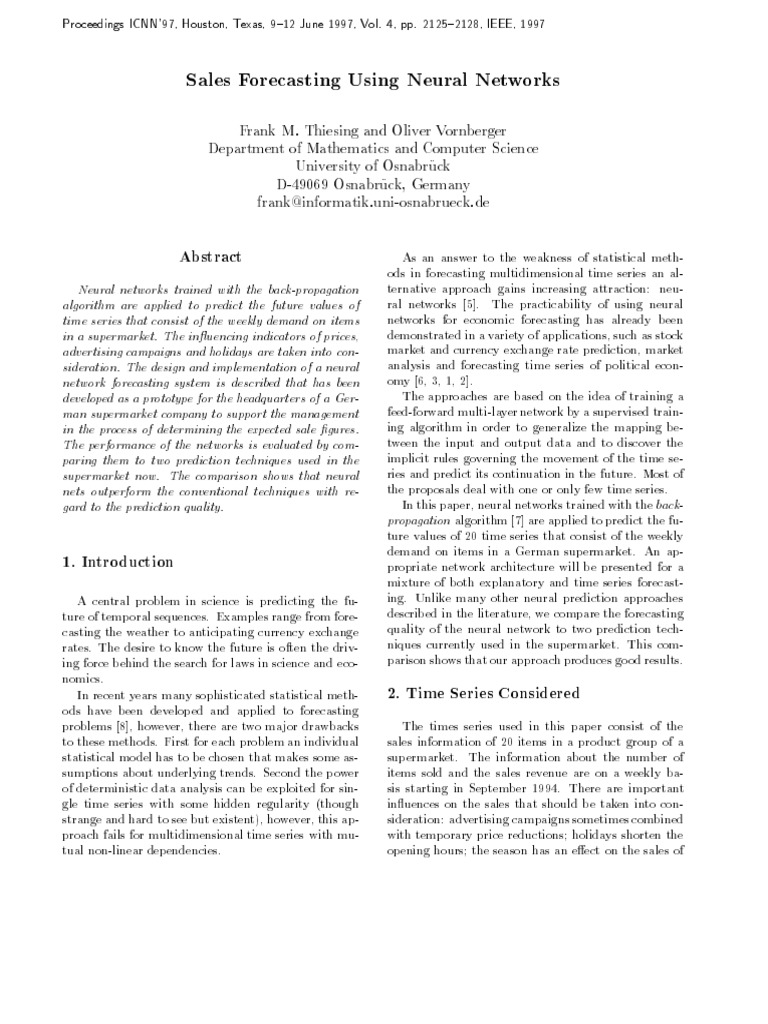 Neural Networks for Sales Forecasting | PDF | Forecasting | Time Series