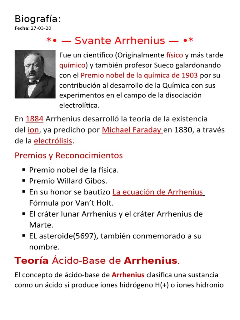 Biografía de Svante Arrhenius | PDF