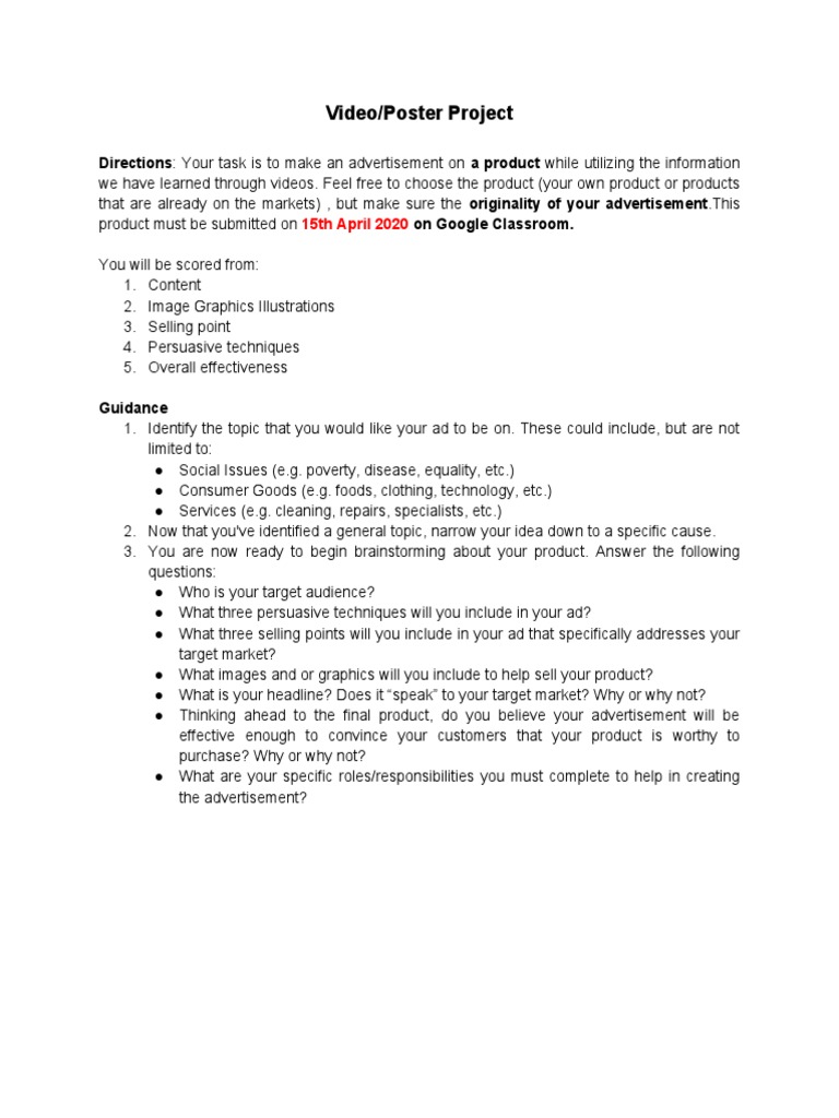 Video/Poster Project: Directions: Your Task Is To Make An Advertisement ...
