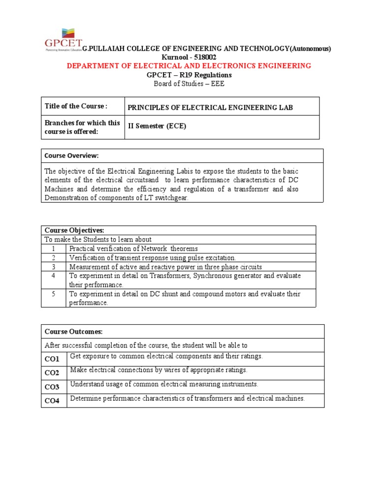 Principles of Electrical Engineering Lab (ECE) | PDF | Electrical ...