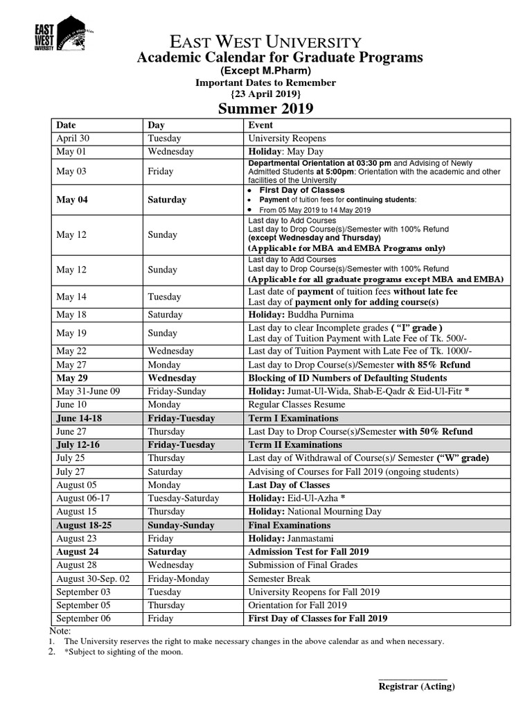 East West University Graduate Calendar 2019 | PDF | Academic Term ...