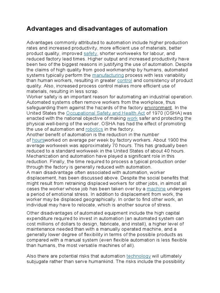 Advantages and Disadvantages of Automation PDF Automation