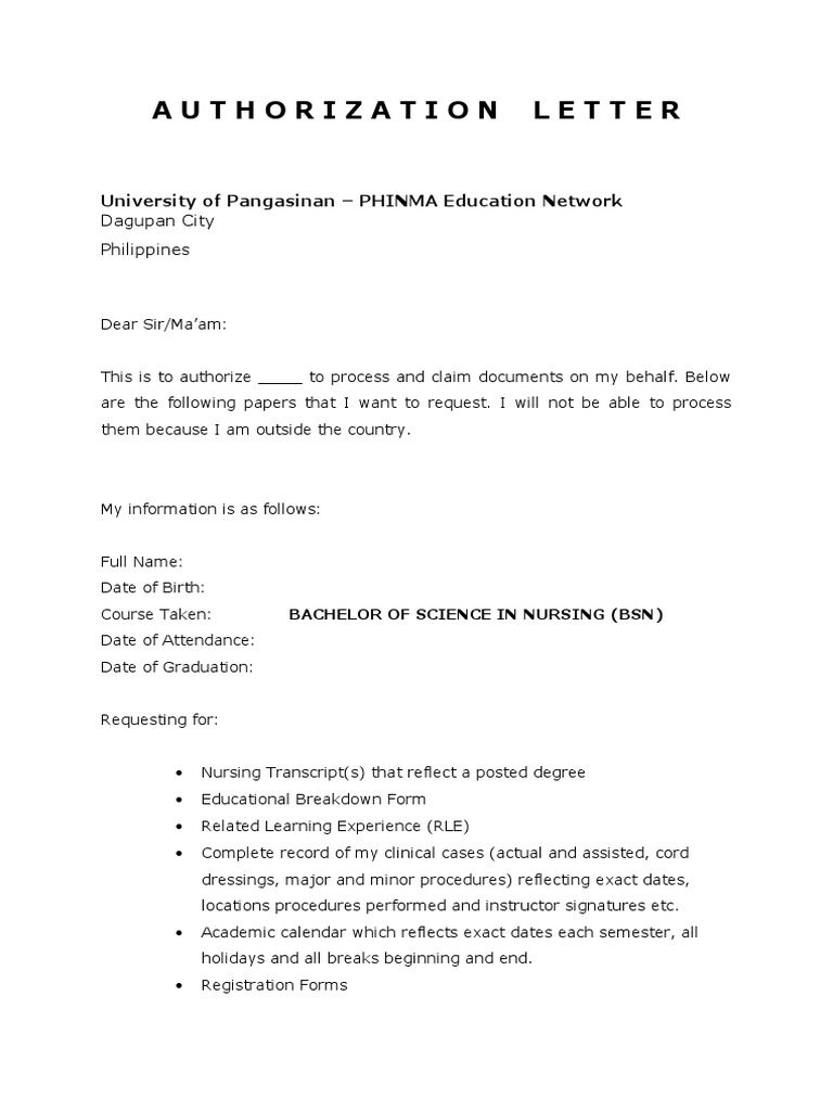 Authorization Letter for Document Claim | PDF