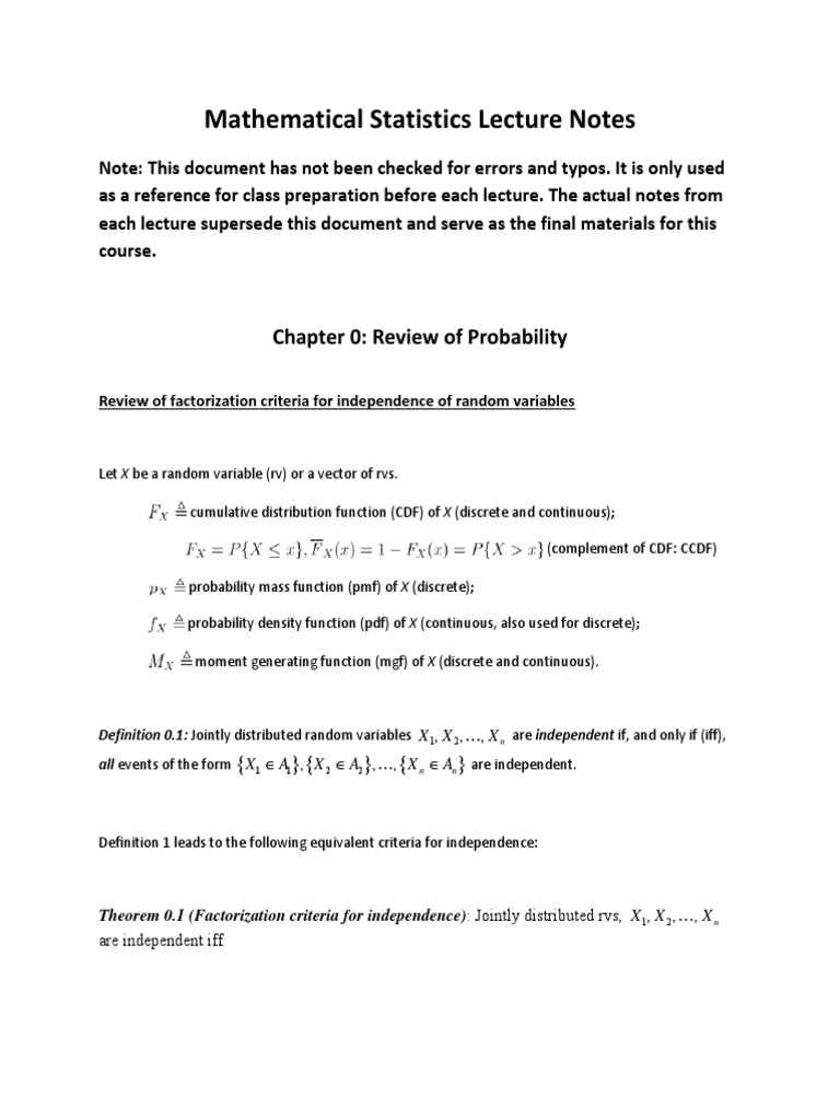 Mathematical Statistics Lecture Notes: Chapter 0: Review of Probability ...