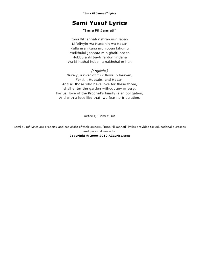 Sami Yusuf - Inna Fil Jannati Lyrics PDF | PDF