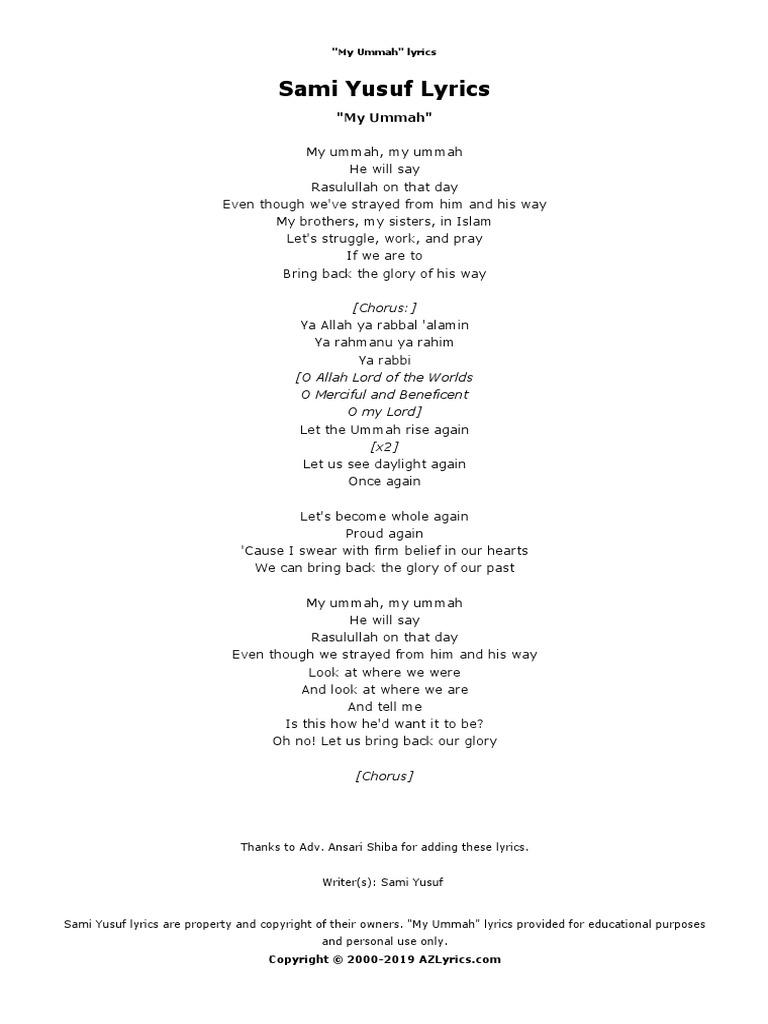 Sami Yusuf My Ummah Lyrics Pdf Pdf Abrahamic Religions Religious Behaviour And Experience