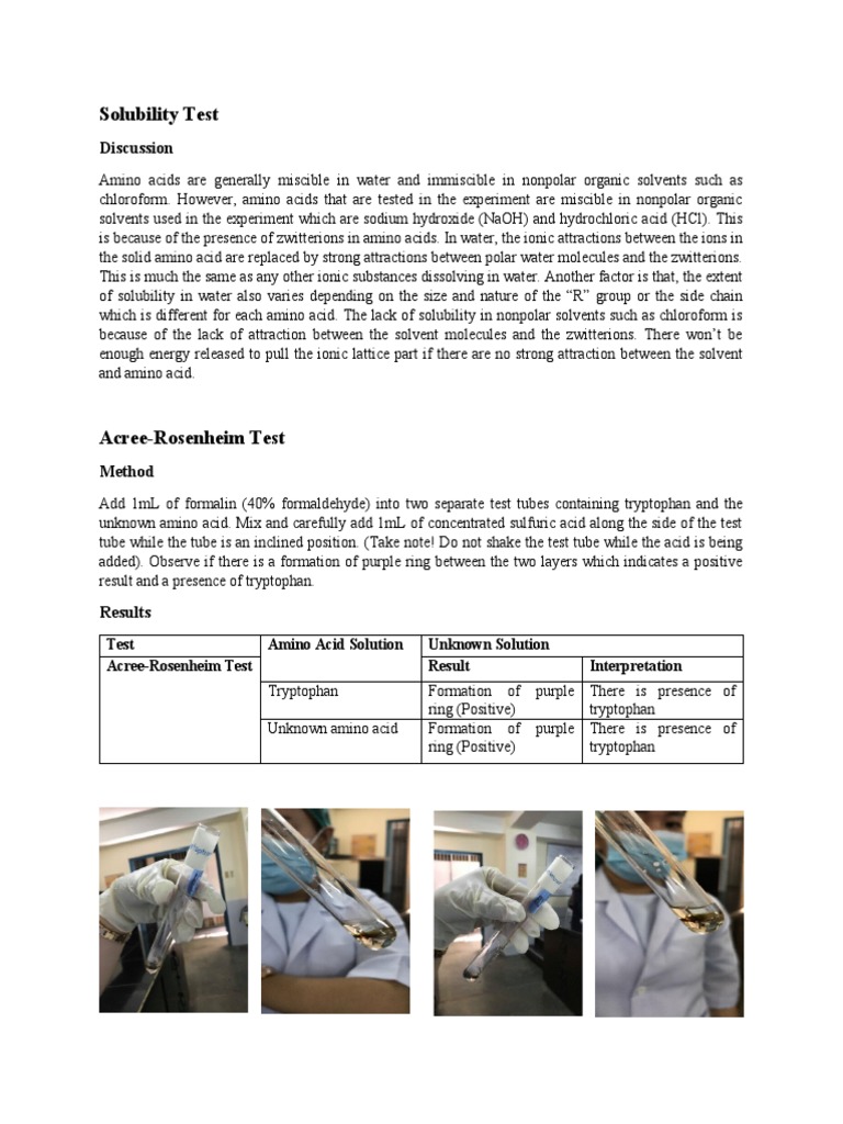 Solubility Test and Acree-Rosenheim Test | PDF | Solubility | Acid