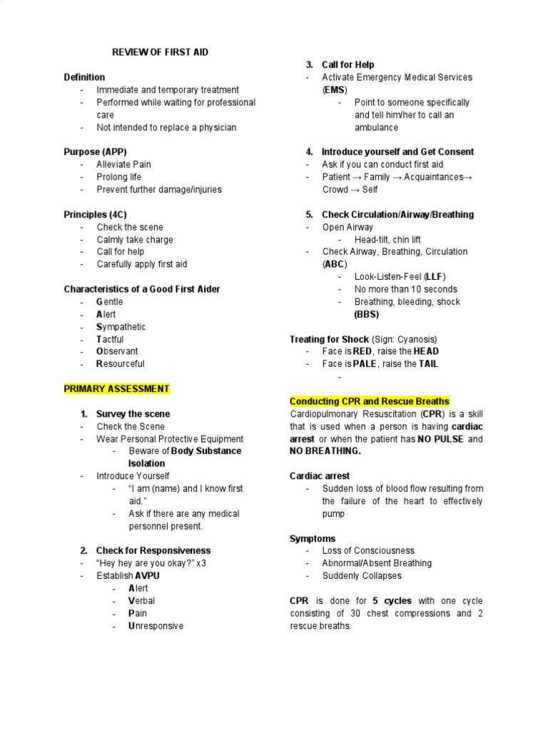 First Aid Handout PDF First Aid Cardiopulmonary Resuscitation