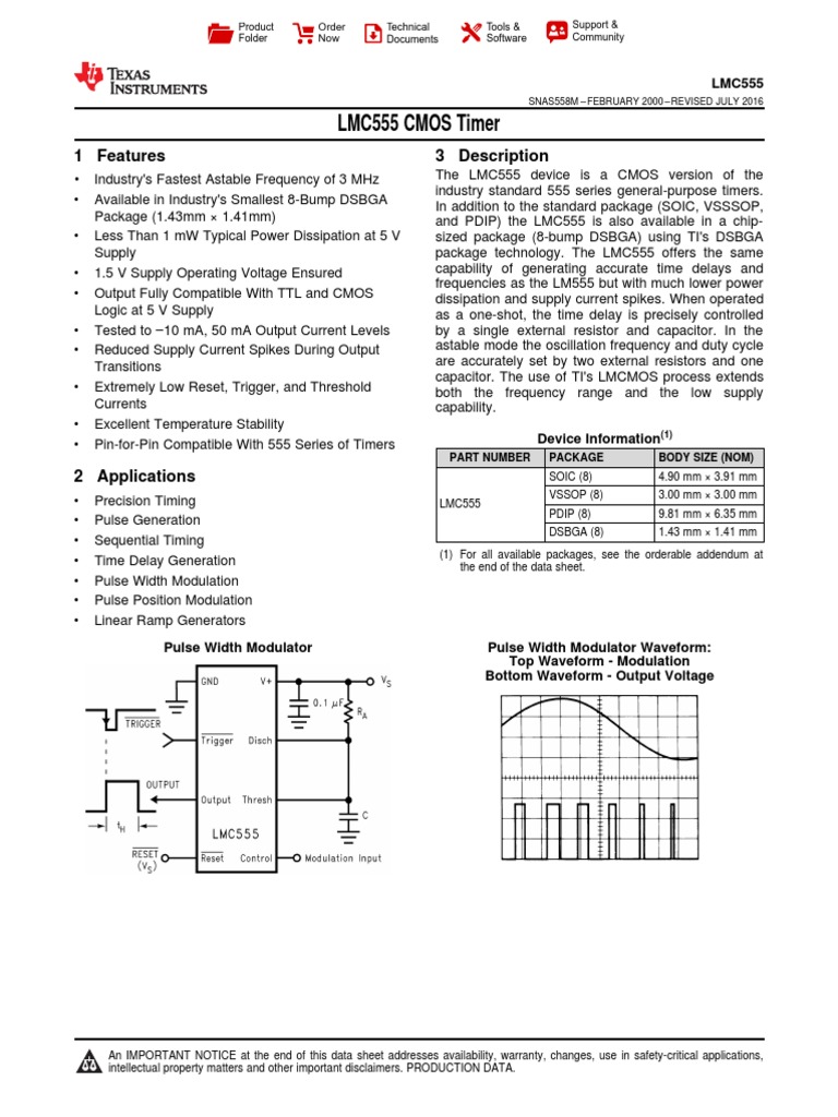 LMC555 CMOS Timer: 1 Features 3 Description | PDF | Electrical Circuits ...