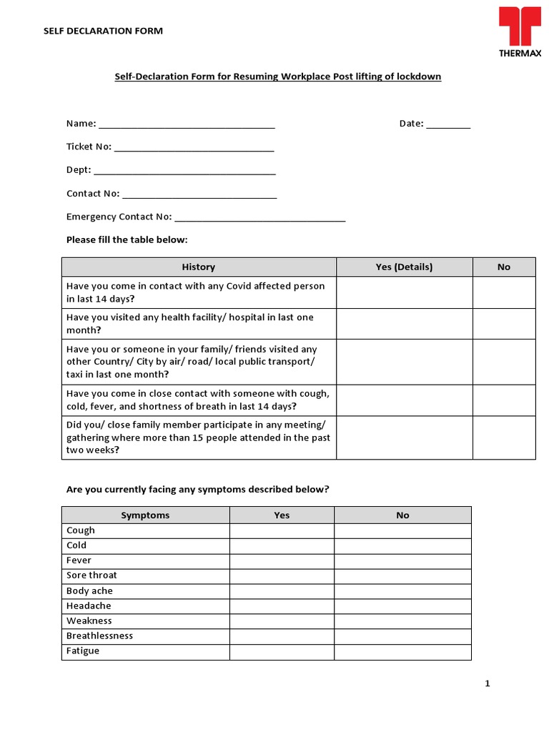Self Declaration Form by Employees Resuming Work | PDF
