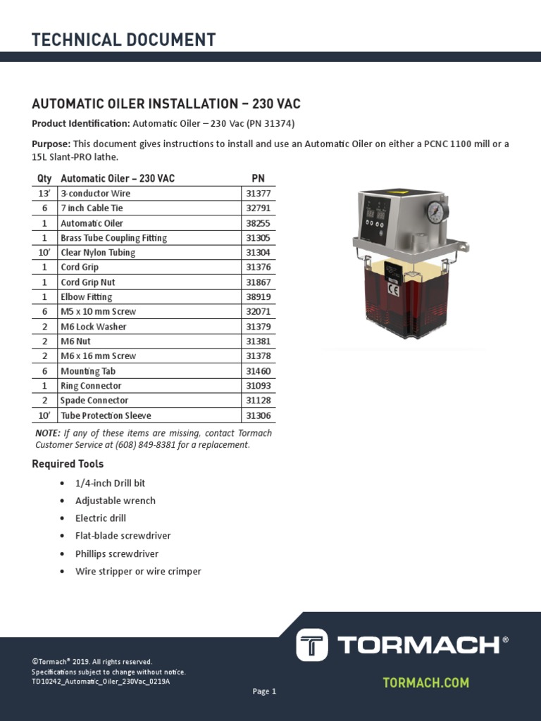 Technical Document: Automatic Oiler Installation - 230 Vac | PDF ...