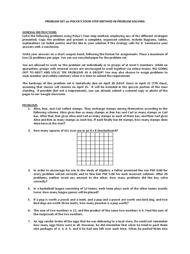 Problem Set On Polya'S Four-Step Method in Problem Solving | PDF ...