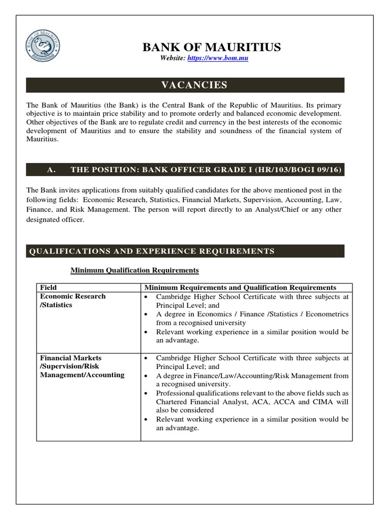 Bank of Mauritius Vacancies PDF Professional Certification