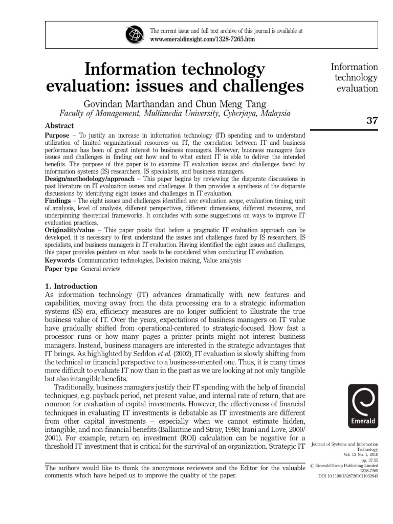 Information Technology Evaluation: Issues and Challenges | PDF ...