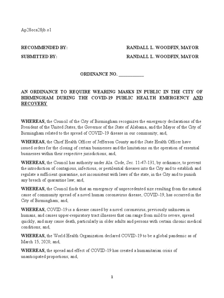 Birmingham Masks Ordinance (Revised) PDF Diseases And Disorders Epidemiology