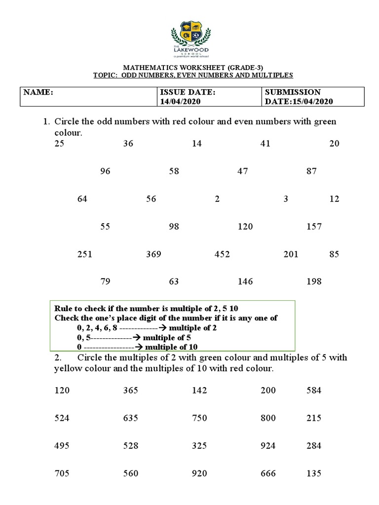 Lws Grade 3 Odd, Even Numbers and Multiples | PDF