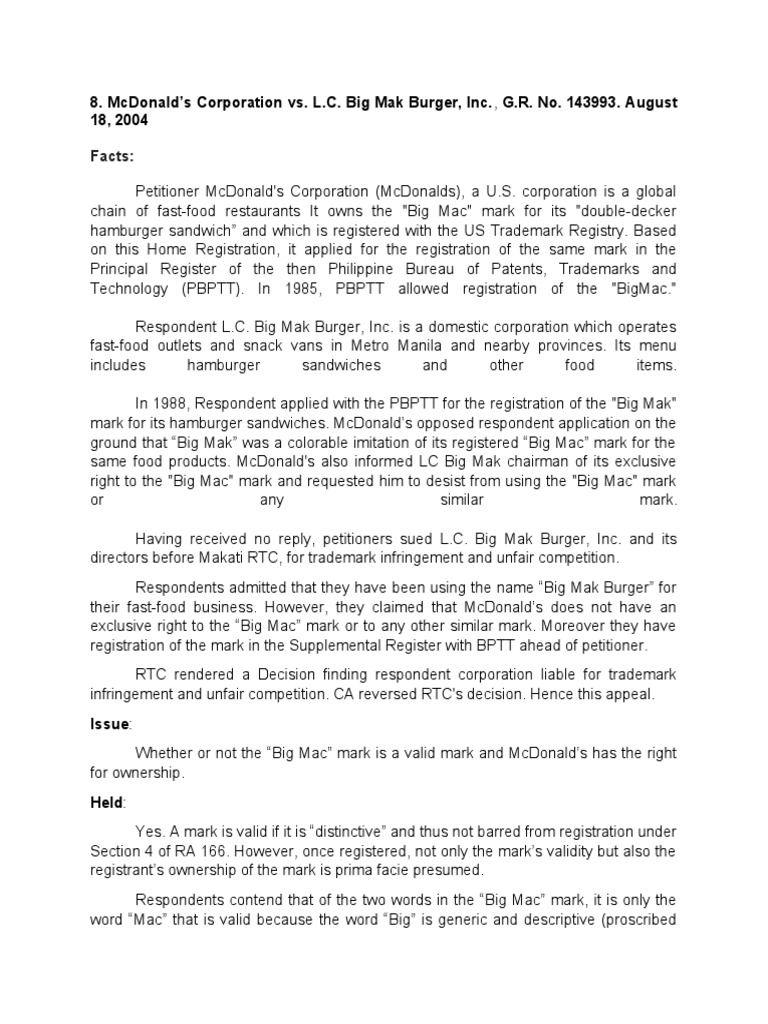 Mcdonalds V Lc Big Mak Hamburgers Trademark