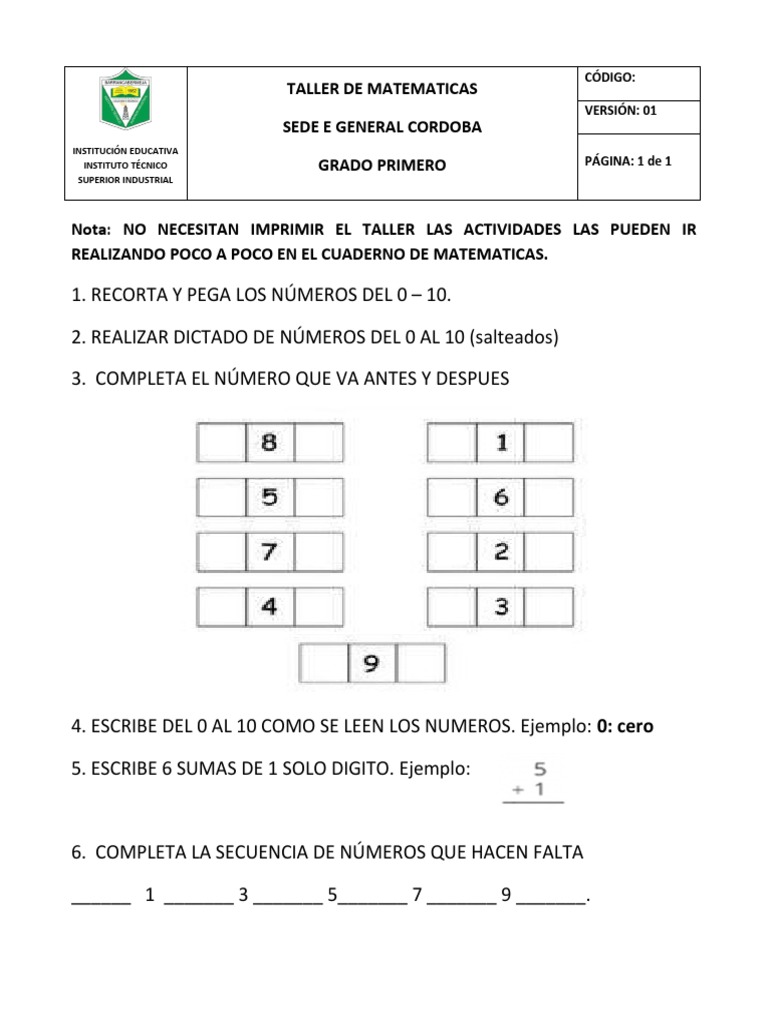Taller de Matemáticas para Primer Grado | PDF | Métodos y materiales de ...