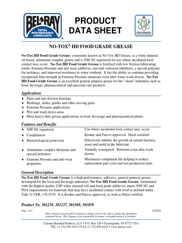 Product Data Sheet NoTox HD Food Grade Grease PDF Lubricant