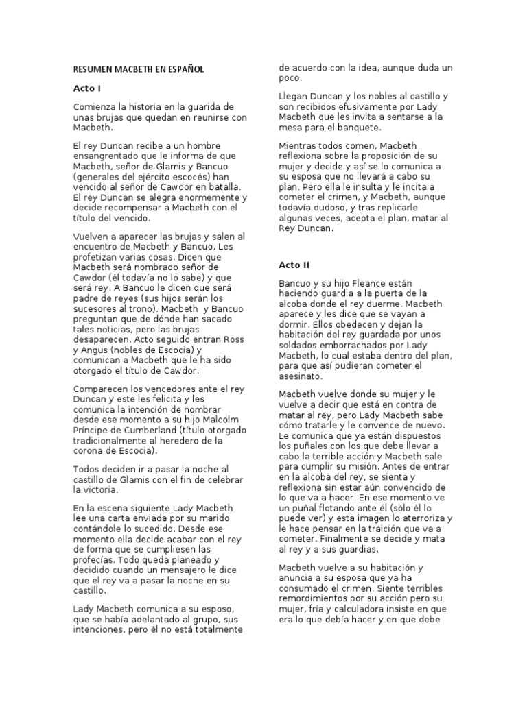 RESUMEN MACBETH EN ESPAÑOL PDF Macbeth