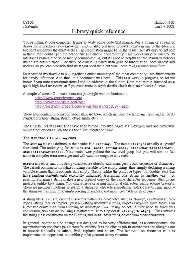 Library Quick Reference: The Standard C++ Class | PDF