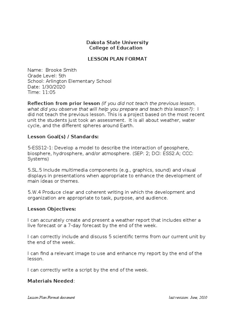 Dakota State University College of Education Lesson Plan Format | PDF ...