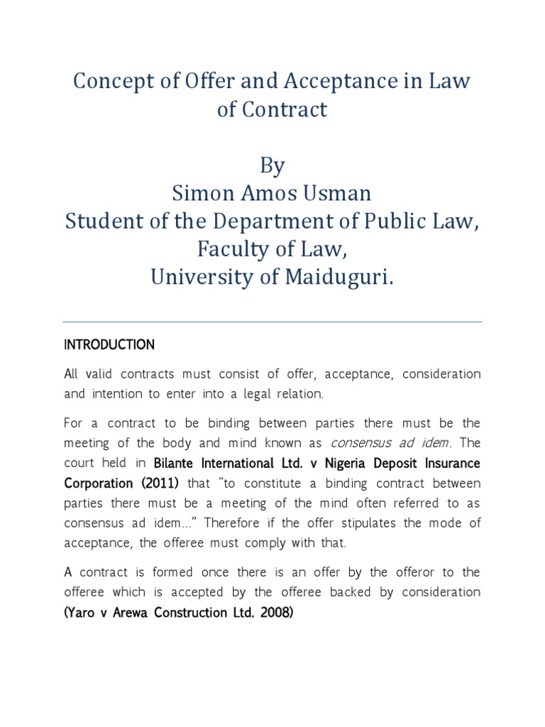 Concept of Offer and Acceptance in Law of Contract | PDF | Offer And ...