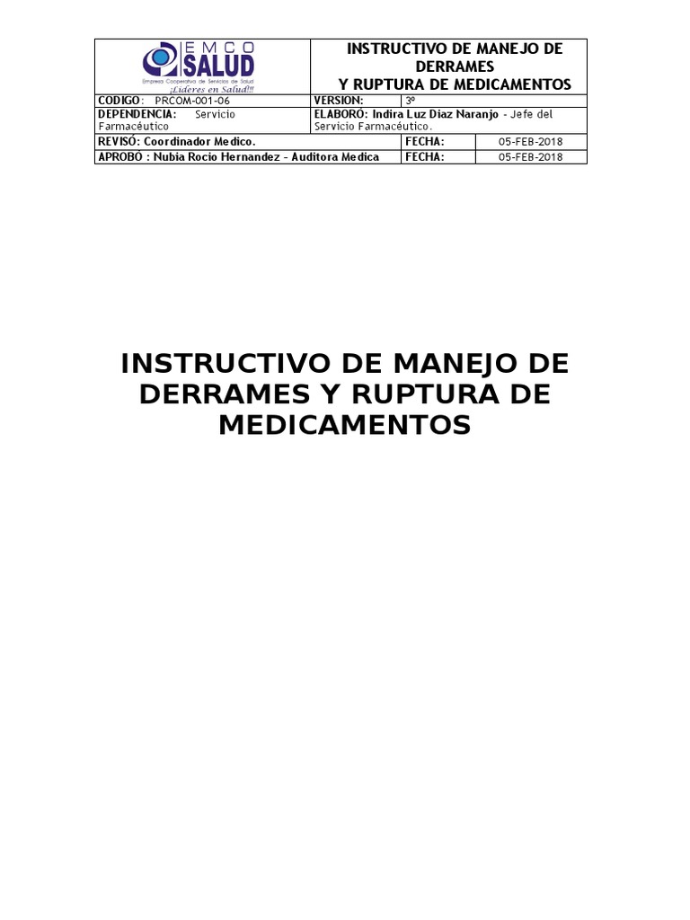 Instructivo Manejo de Derrames | PDF | Farmacia | Medicamentos con receta