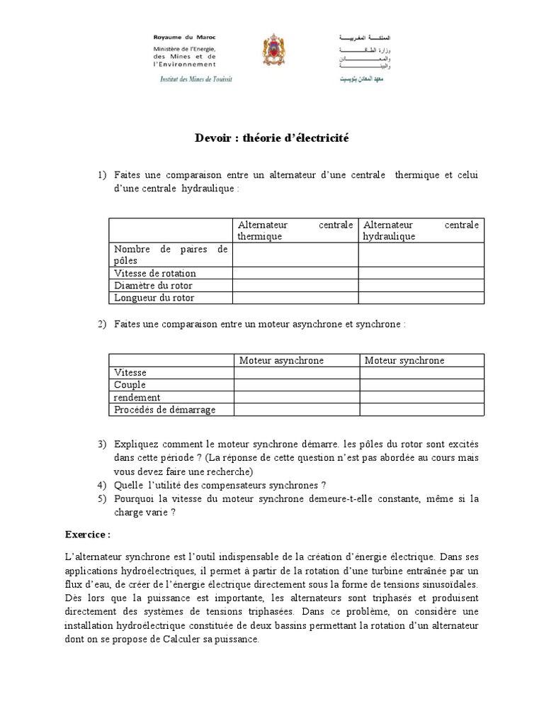 On Considère Le Schéma D une Centrale Hydroélectrique Exercice Devoir Théorie D'électricité | PDF | Puissance (physique) | Énergie  hydroélectrique