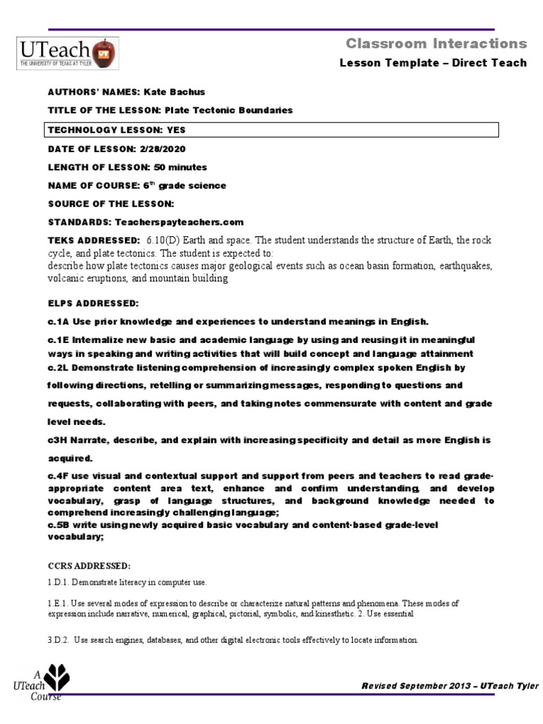 Plate Tectonic Boundaries Lesson Plan | PDF | Plate Tectonics | Reading ...