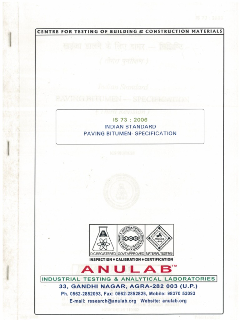 Is-73-2006 Paving Bitumen Specification | PDF