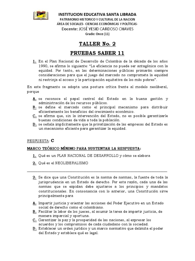 Taller de Sociales: Pruebas Saber 11 | PDF | Estado (política) | Nación