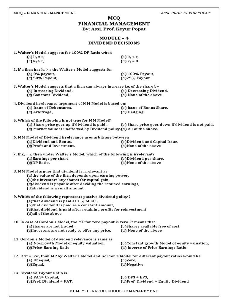 FM MCQ Module 4 PDF Dividend Retained Earnings