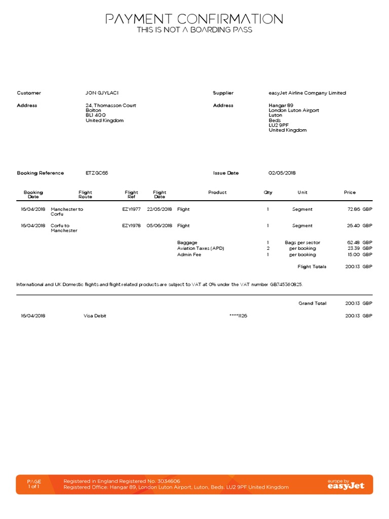 EasyJet Payment Confirmation Receipt | PDF | Aviation | Airlines